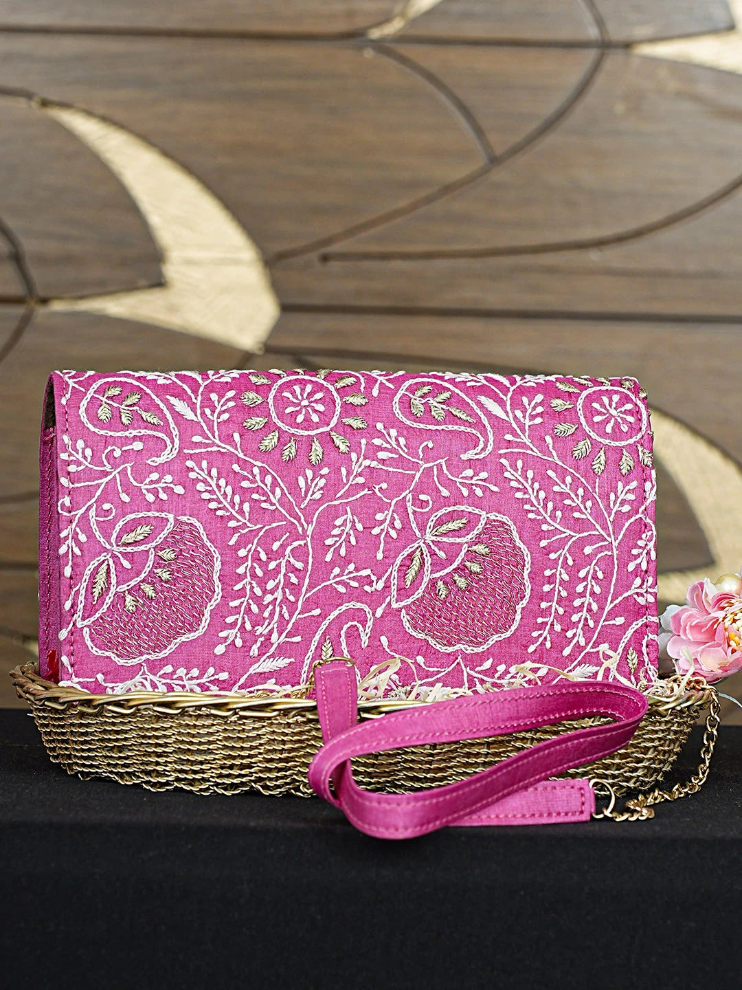 Ada Hand Embroidered Magenta Silk Lucknowi Chikankari Clutch With Zari Work 01A926481