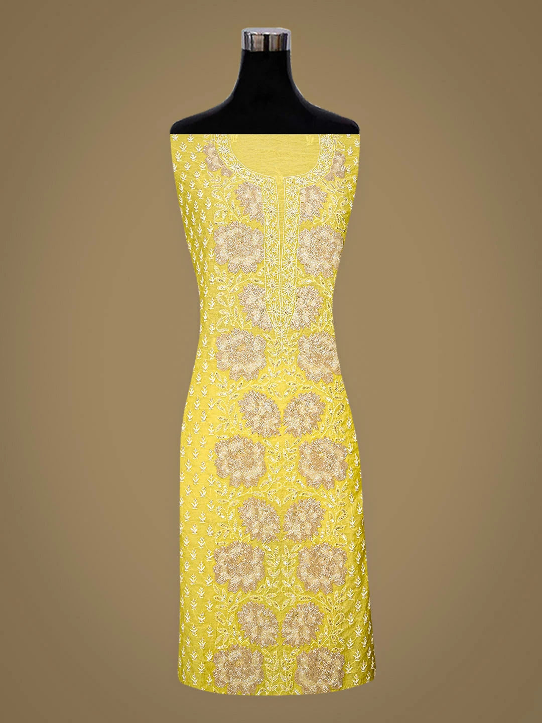 Ada Hand Embroidered Yellow Chanderi Lucknowi Chikankari Unstitched Kurta Dupatta Set with Cutdana Work 01A558265