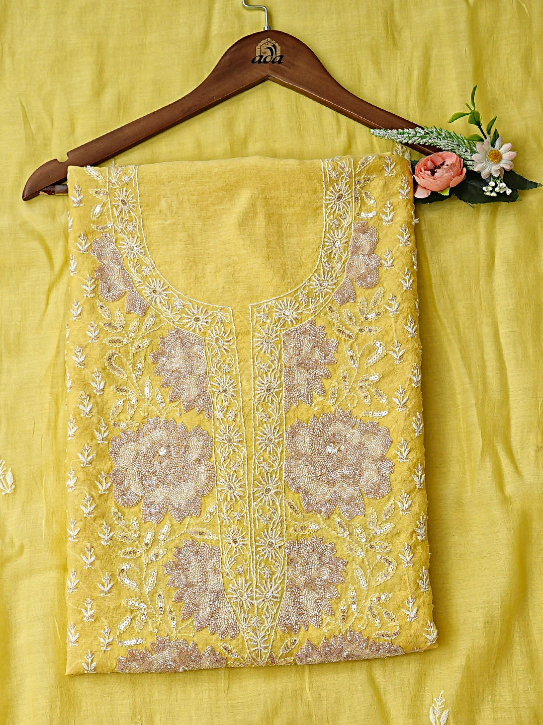 Ada Hand Embroidered Yellow Chanderi Lucknowi Chikankari Unstitched Kurta Dupatta Set with Cutdana Work 01A558265