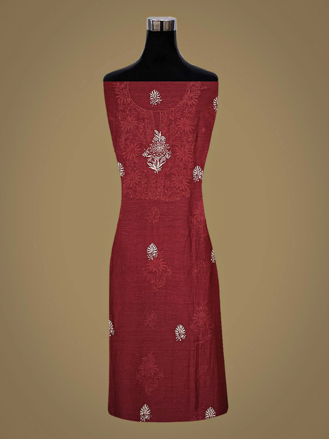 Ada Hand Embroidered Maroon Chanderi Lucknowi Chikankari Unstitched Kurta Dupatta Set with Muqaish/Mukaish Work 01A682972