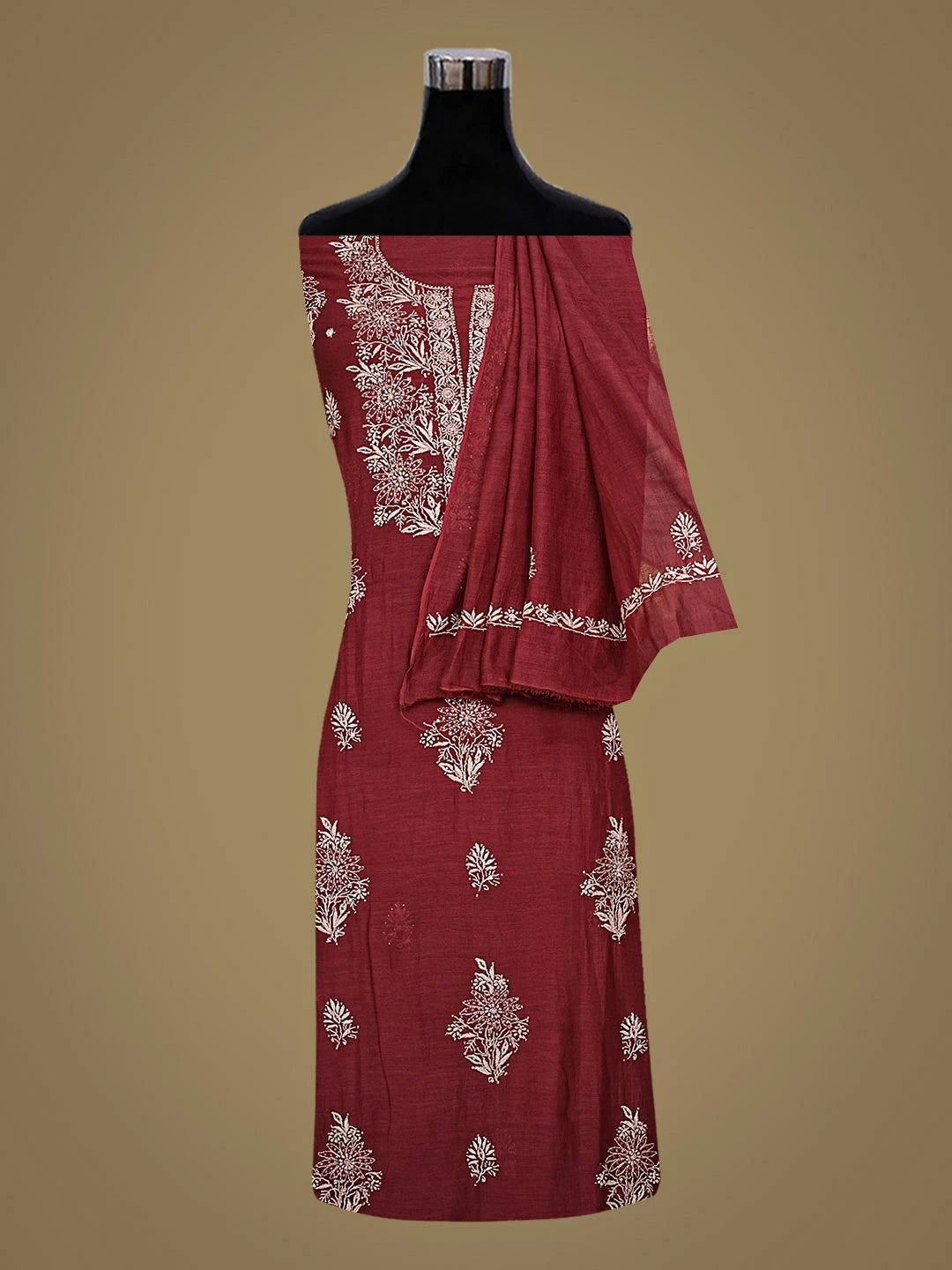 Ada Hand Embroidered Maroon Chanderi Lucknowi Chikankari Unstitched Kurta Dupatta Set with Muqaish/Mukaish Work 01A682972