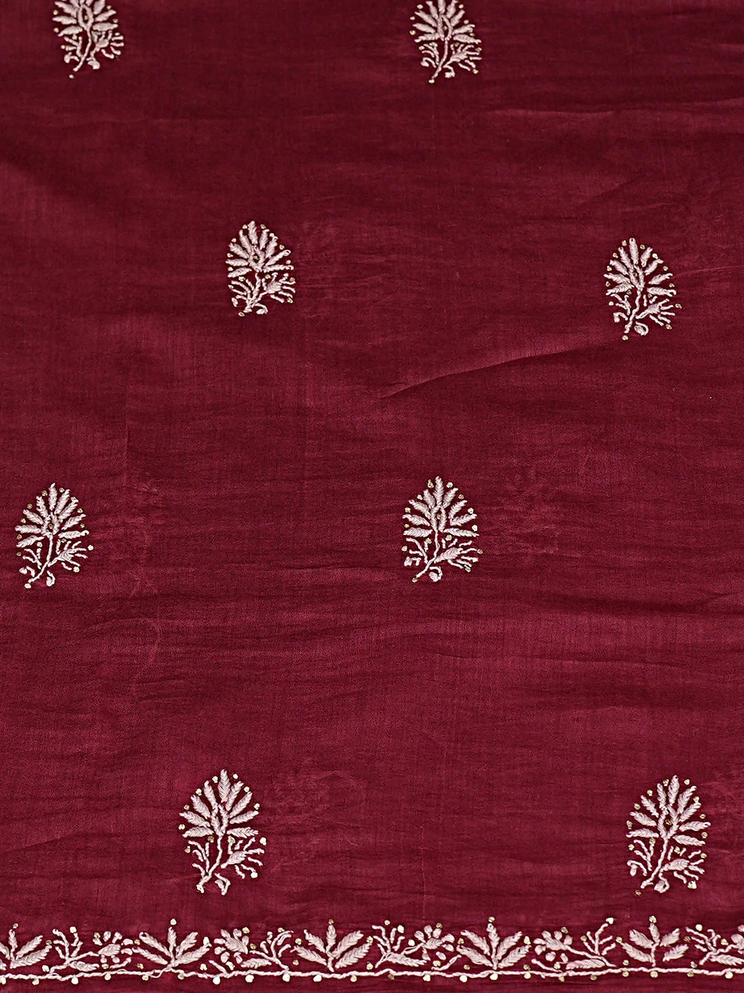 Ada Hand Embroidered Maroon Chanderi Lucknowi Chikankari Unstitched Kurta Dupatta Set with Muqaish/Mukaish Work 01A682972
