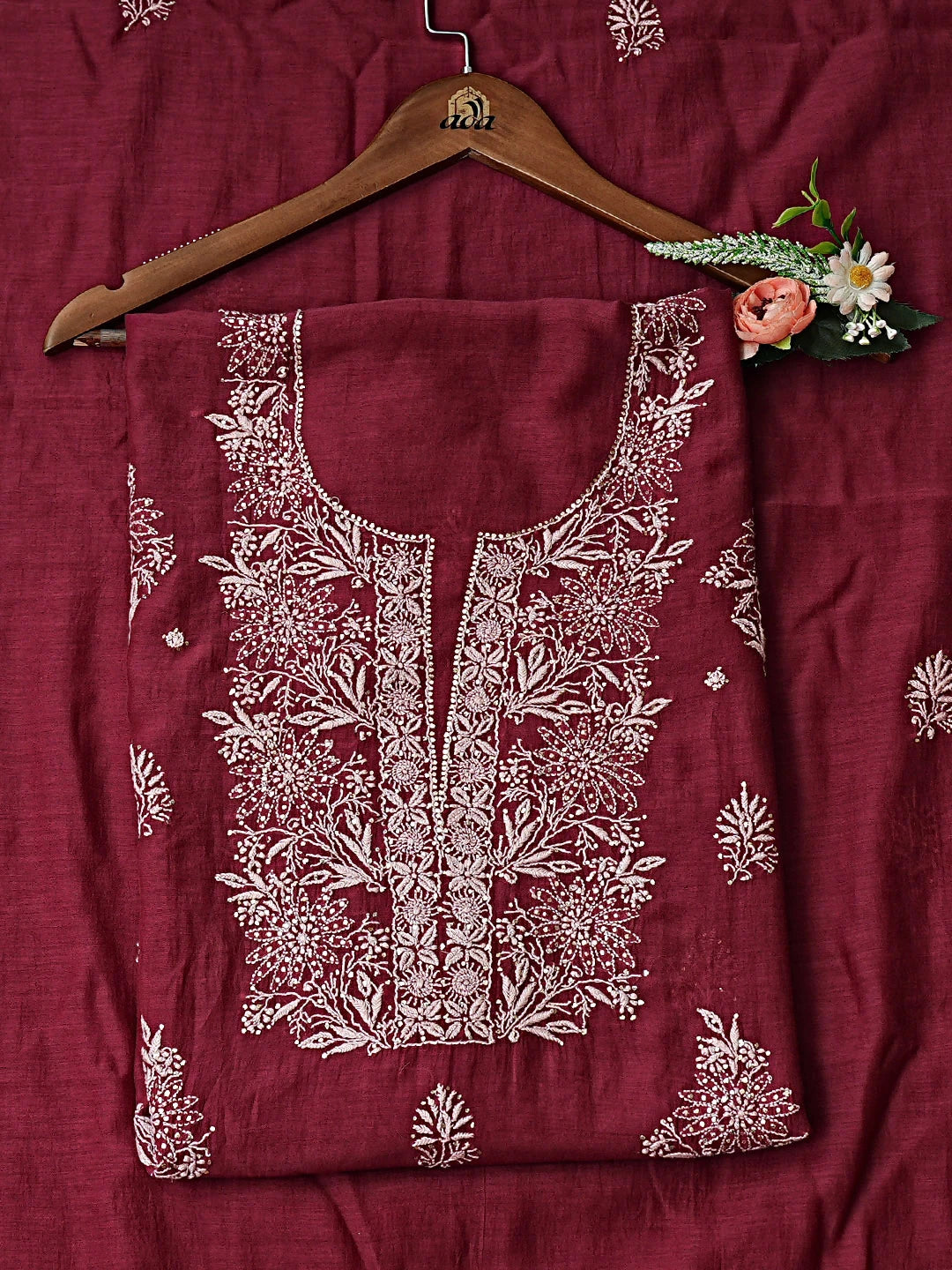 Ada Hand Embroidered Maroon Chanderi Lucknowi Chikankari Unstitched Kurta Dupatta Set with Muqaish/Mukaish Work 01A682972