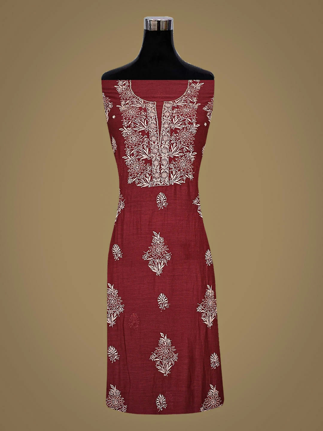 Ada Hand Embroidered Maroon Chanderi Lucknowi Chikankari Unstitched Kurta Dupatta Set with Muqaish/Mukaish Work 01A682972