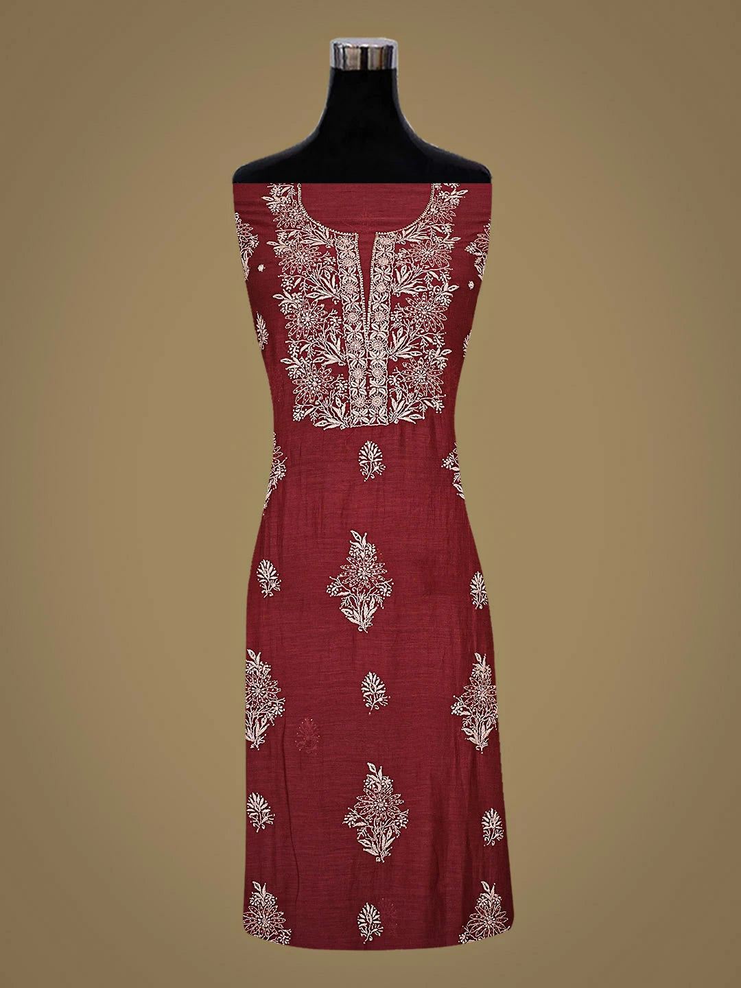 Ada Hand Embroidered Maroon Chanderi Lucknowi Chikankari Unstitched Kurta Dupatta Set with Muqaish/Mukaish Work 01A682972