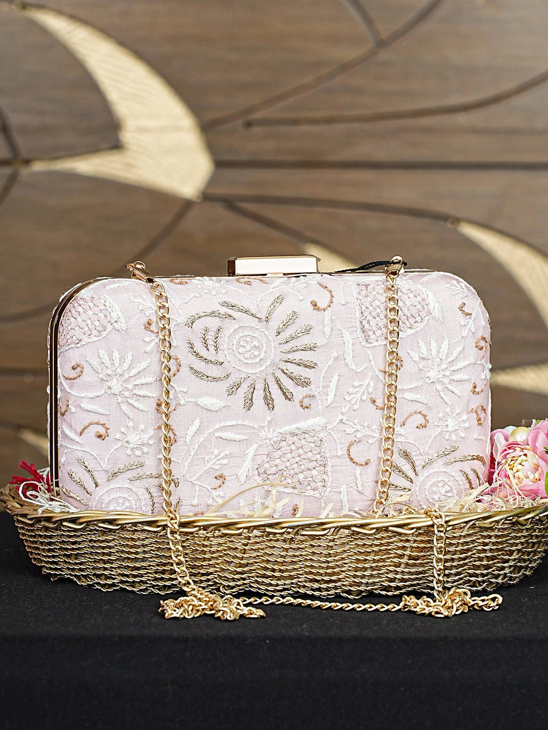 Ada Hand Embroidered Pink Silk Lucknowi Chikankari Clutch With Zari Work 01A933545
