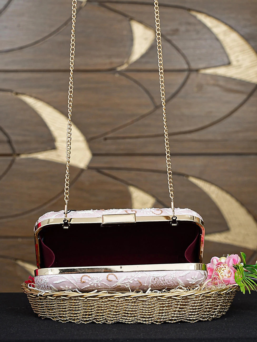 Ada Hand Embroidered Pink Silk Lucknowi Chikankari Clutch With Zari Work 01A933545