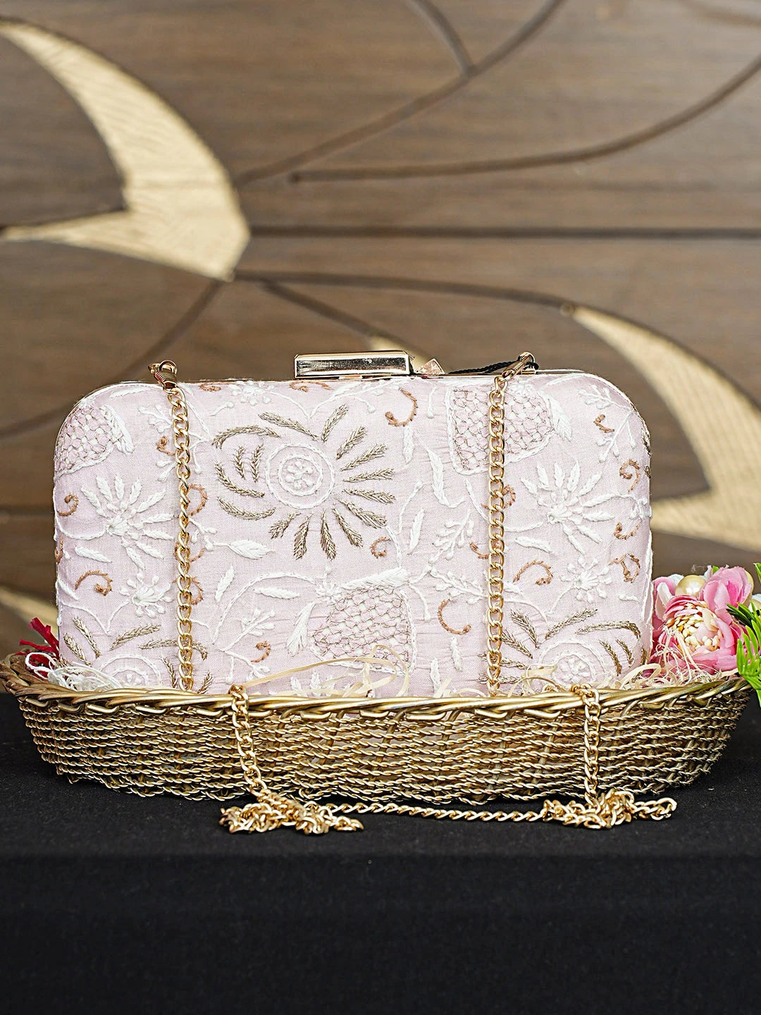 Ada Hand Embroidered Pink Silk Lucknowi Chikankari Clutch With Zari Work 01A933545
