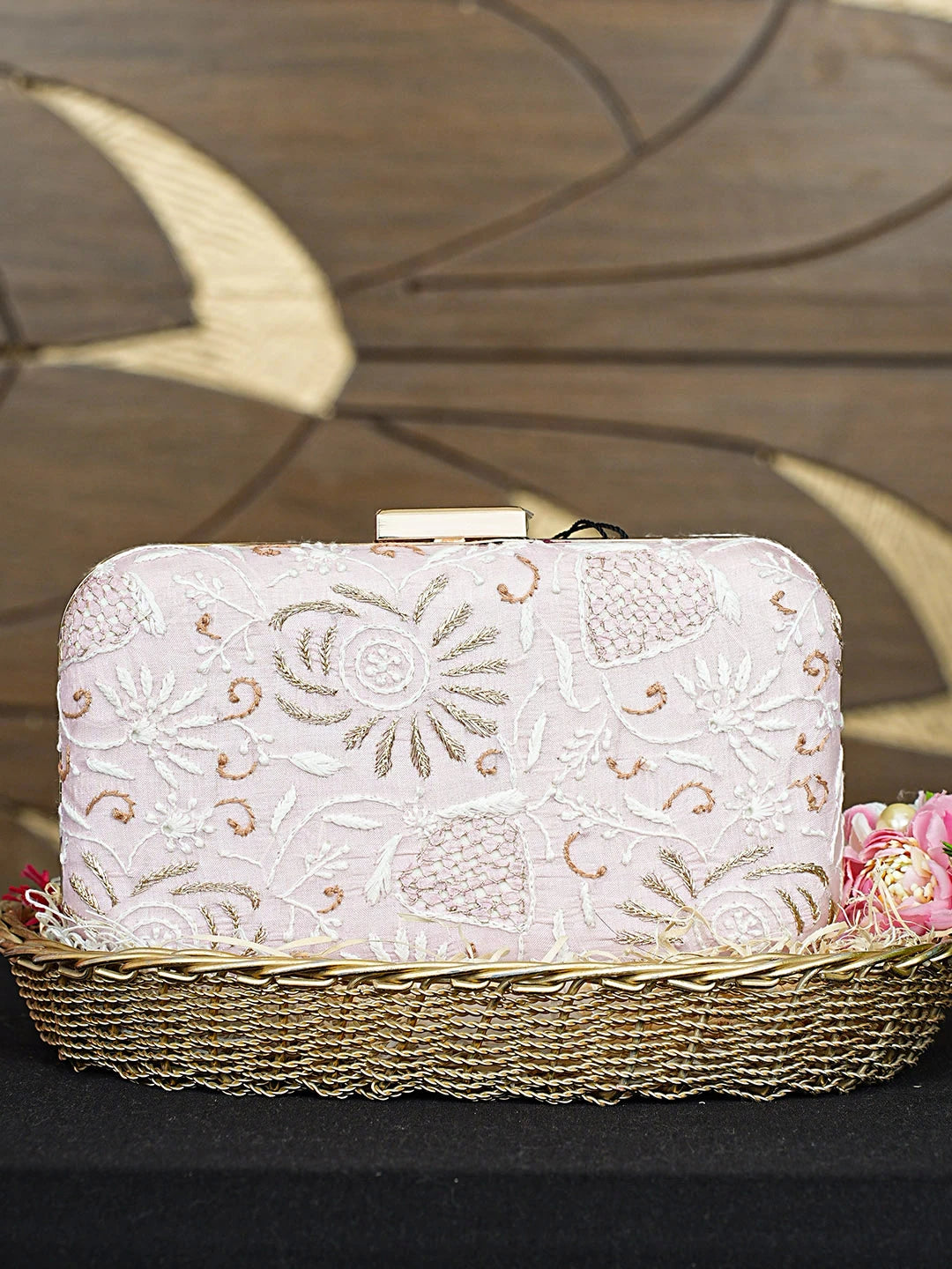 Ada Hand Embroidered Pink Silk Lucknowi Chikankari Clutch With Zari Work 01A933545
