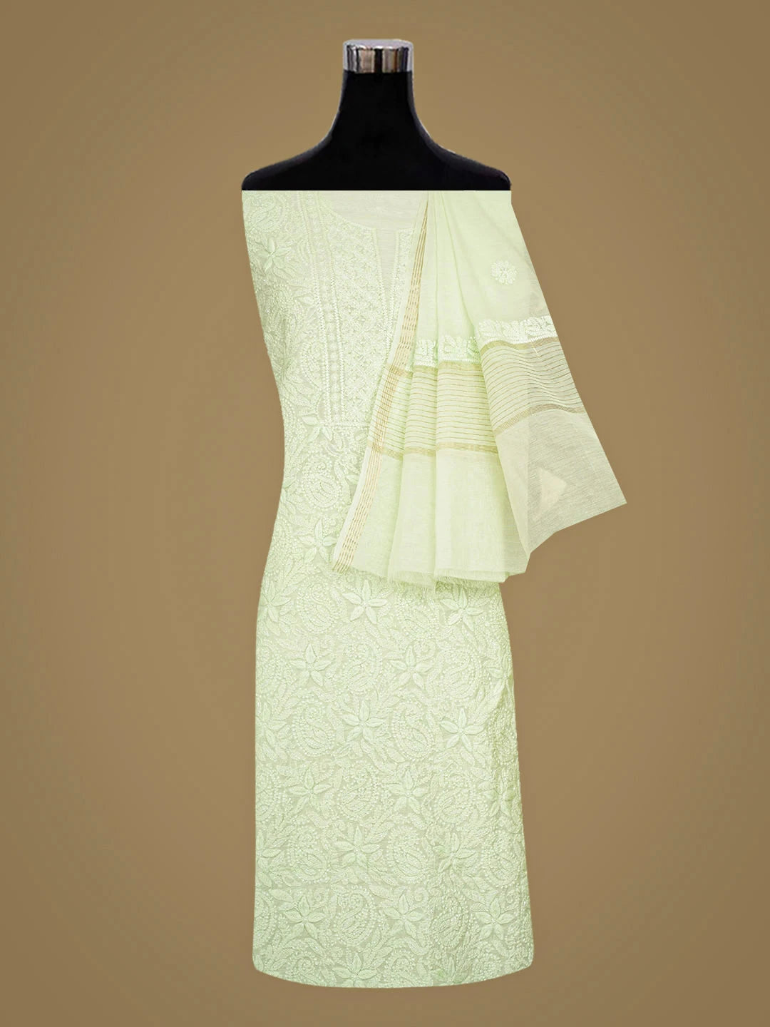 Ada Hand Embroidered Green Chanderi Lucknowi Chikankari Unstitched Suit Piece With Cutdana Work 01A937261