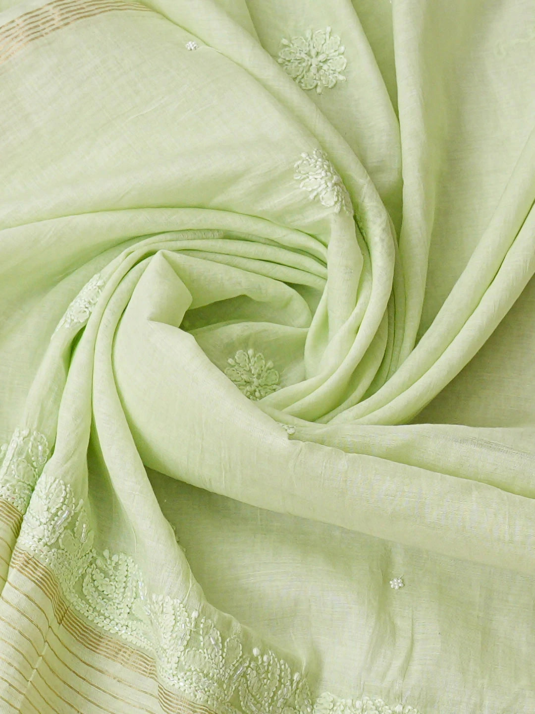 Ada Hand Embroidered Green Chanderi Lucknowi Chikankari Unstitched Suit Piece With Cutdana Work 01A937261