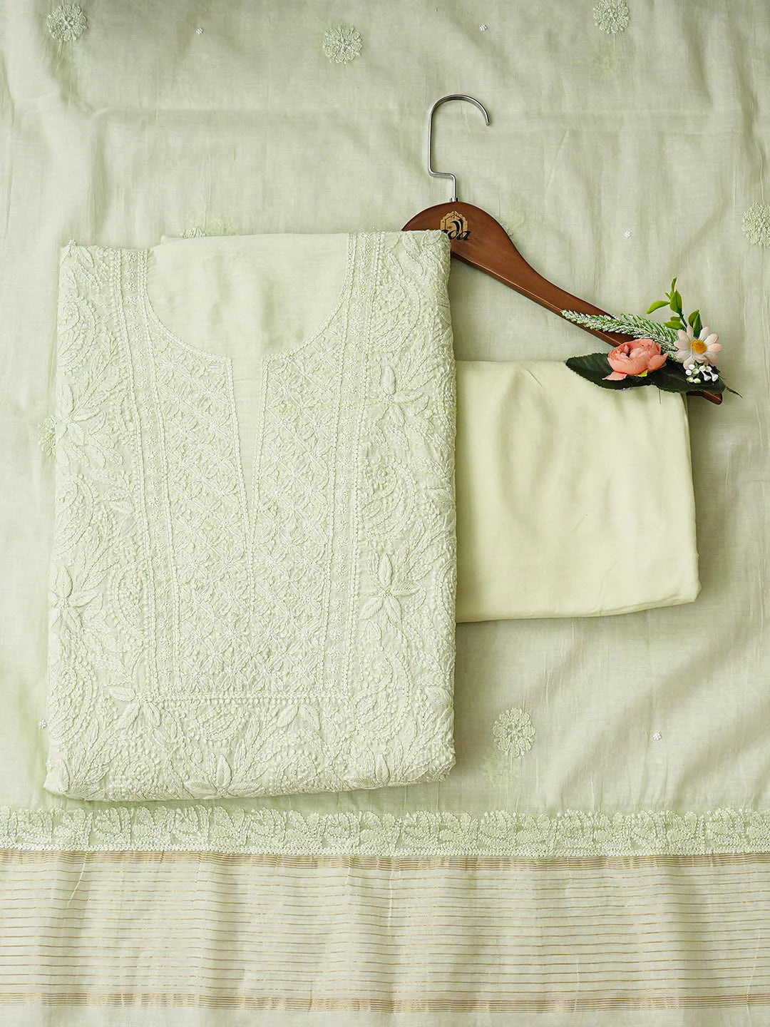 Ada Hand Embroidered Green Chanderi Lucknowi Chikankari Unstitched Suit Piece With Cutdana Work 01A937261