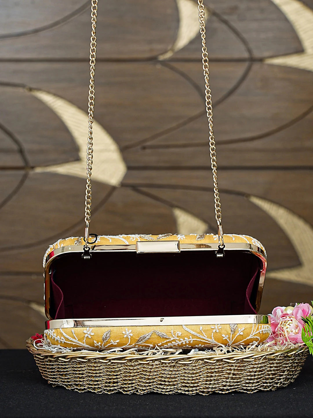 Ada Hand Embroidered Yellow Silk Lucknowi Chikankari Clutch With Zari Work 01A933544