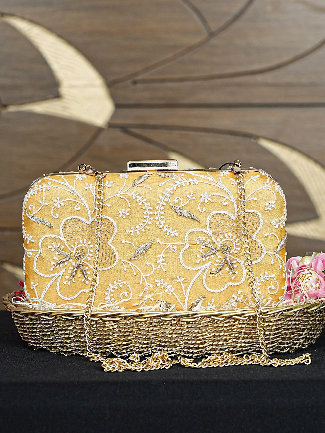 Ada Hand Embroidered Yellow Silk Lucknowi Chikankari Clutch With Zari Work 01A933544