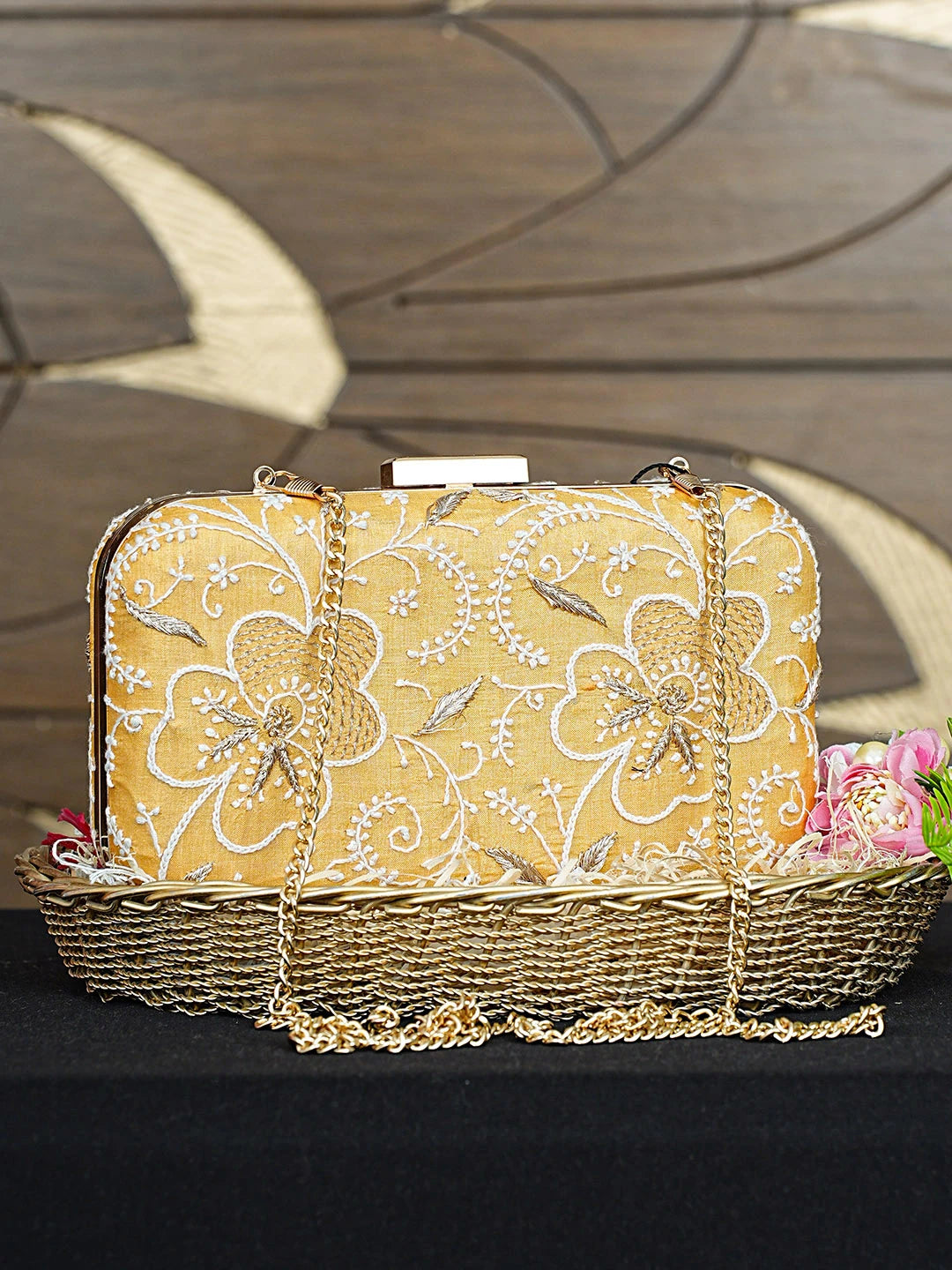 Ada Hand Embroidered Yellow Silk Lucknowi Chikankari Clutch With Zari Work 01A933544