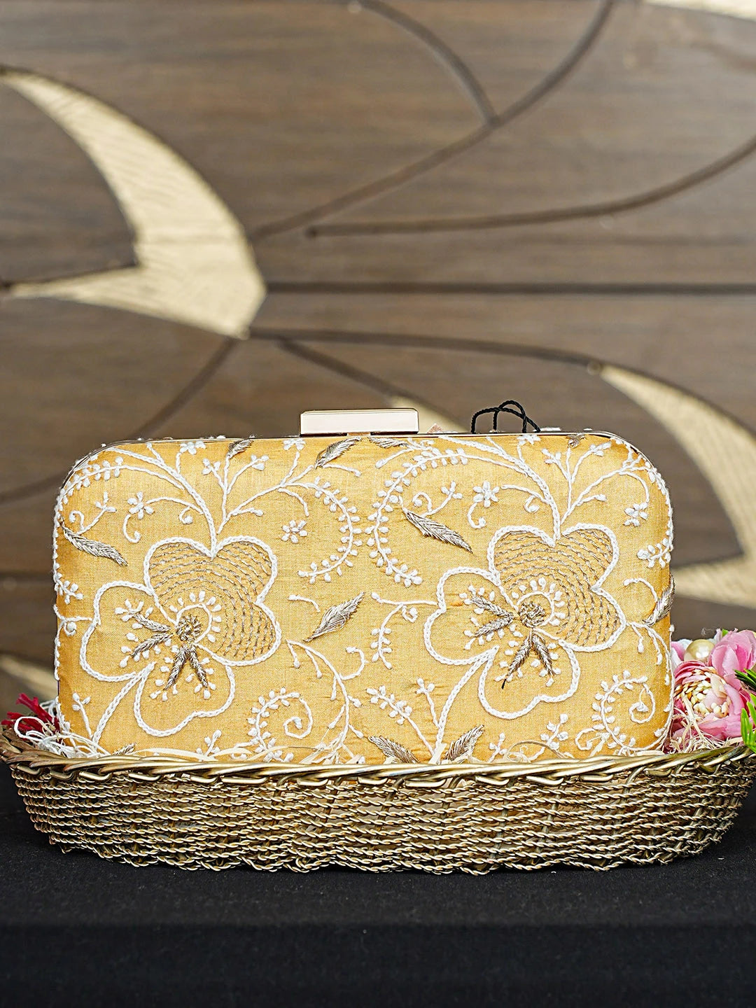 Ada Hand Embroidered Yellow Silk Lucknowi Chikankari Clutch With Zari Work 01A933544