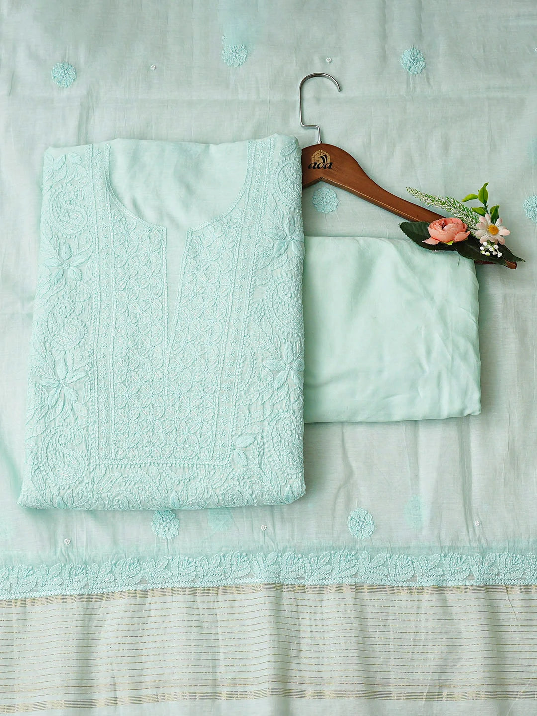 Ada Hand Embroidered Sea Green Chanderi Lucknowi Chikankari Unstitched Suit Piece With Cutdana Work 01A937269