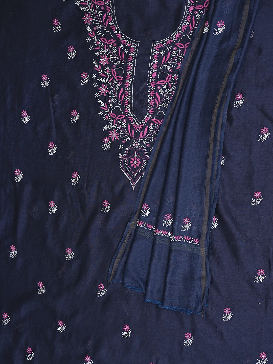 Ada Hand Embroidered Navy Blue Chanderi Lucknowi Chikankari Unstitched Kurta Dupatta Set 01A936904