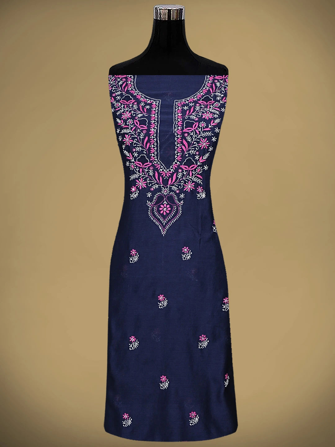 Ada Hand Embroidered Navy Blue Chanderi Lucknowi Chikankari Unstitched Kurta Dupatta Set 01A936904
