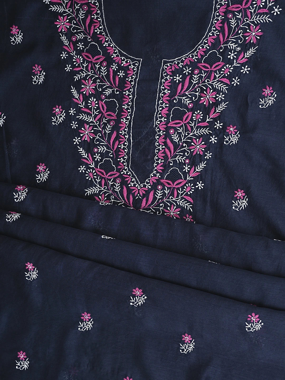 Ada Hand Embroidered Navy Blue Chanderi Lucknowi Chikankari Unstitched Kurta Dupatta Set 01A936904