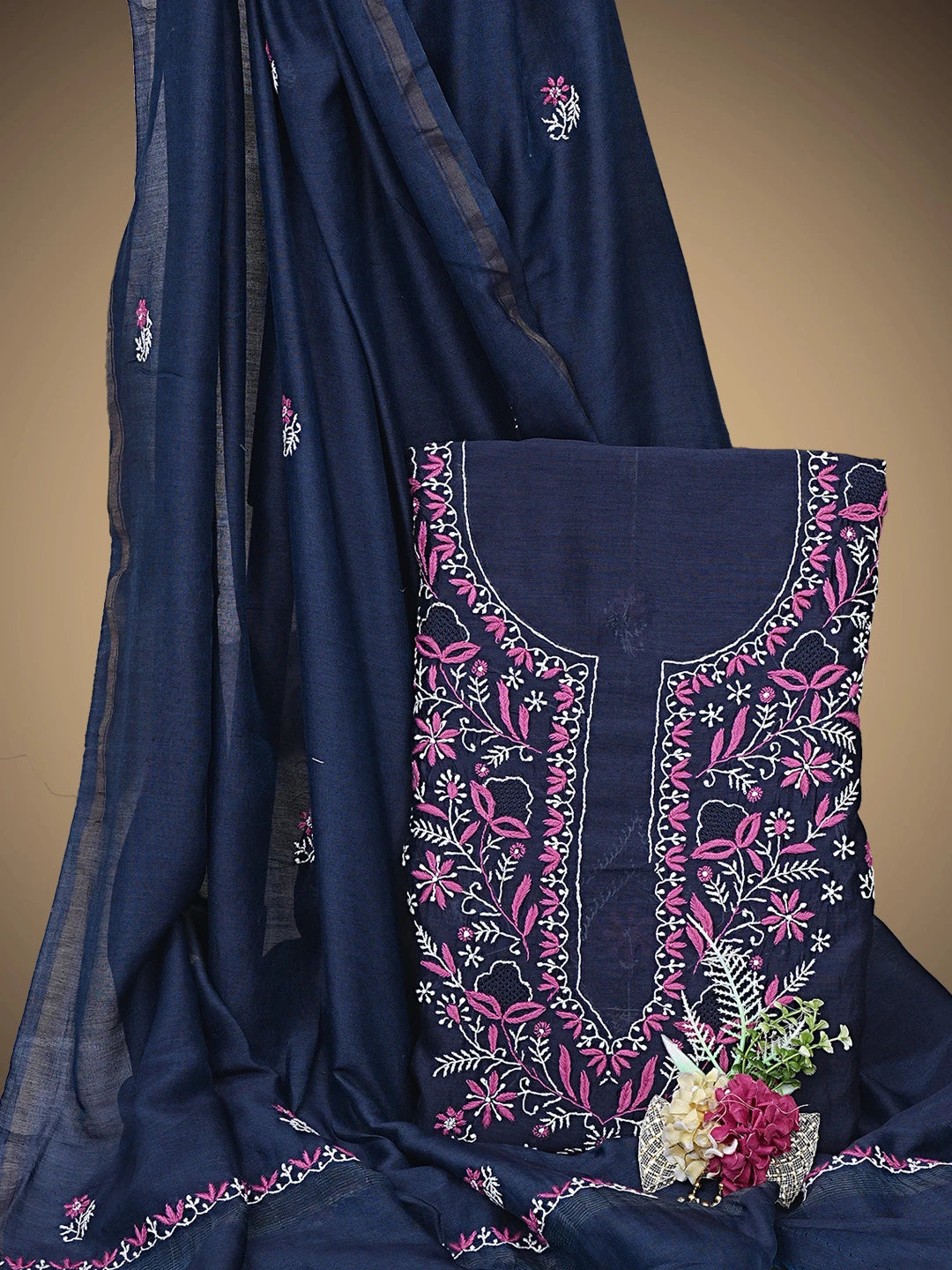 Ada Hand Embroidered Navy Blue Chanderi Lucknowi Chikankari Unstitched Kurta Dupatta Set 01A936904