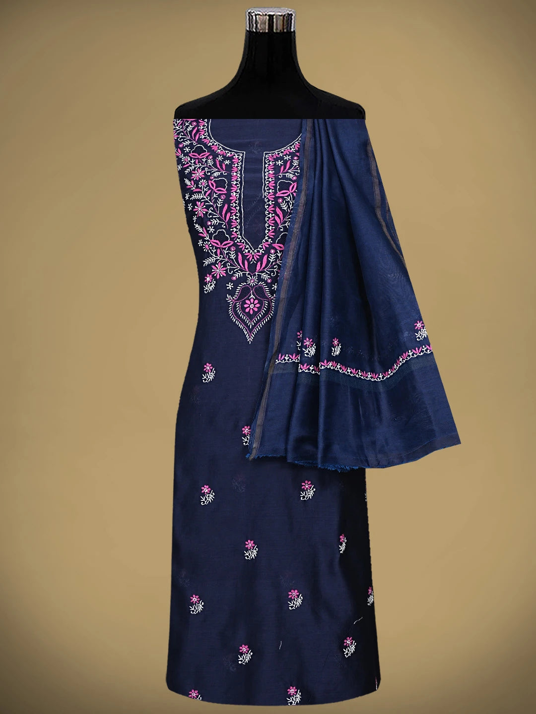 Ada Hand Embroidered Navy Blue Chanderi Lucknowi Chikankari Unstitched Kurta Dupatta Set 01A936904
