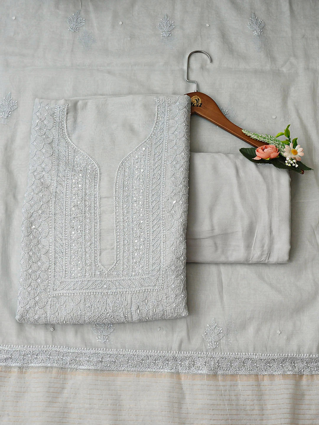 Ada Hand Embroidered Grey Chanderi Lucknowi Chikankari Unstitched Suit Piece With Cutdana Work 01A937264