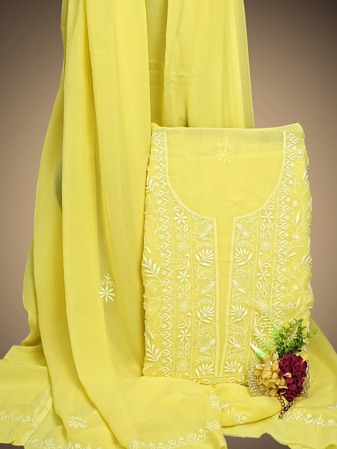 Ada Hand Embroidered Lemon Viscose Georgette Lucknowi Chikankari Unstitched Kurta Dupatta Set 01A887976