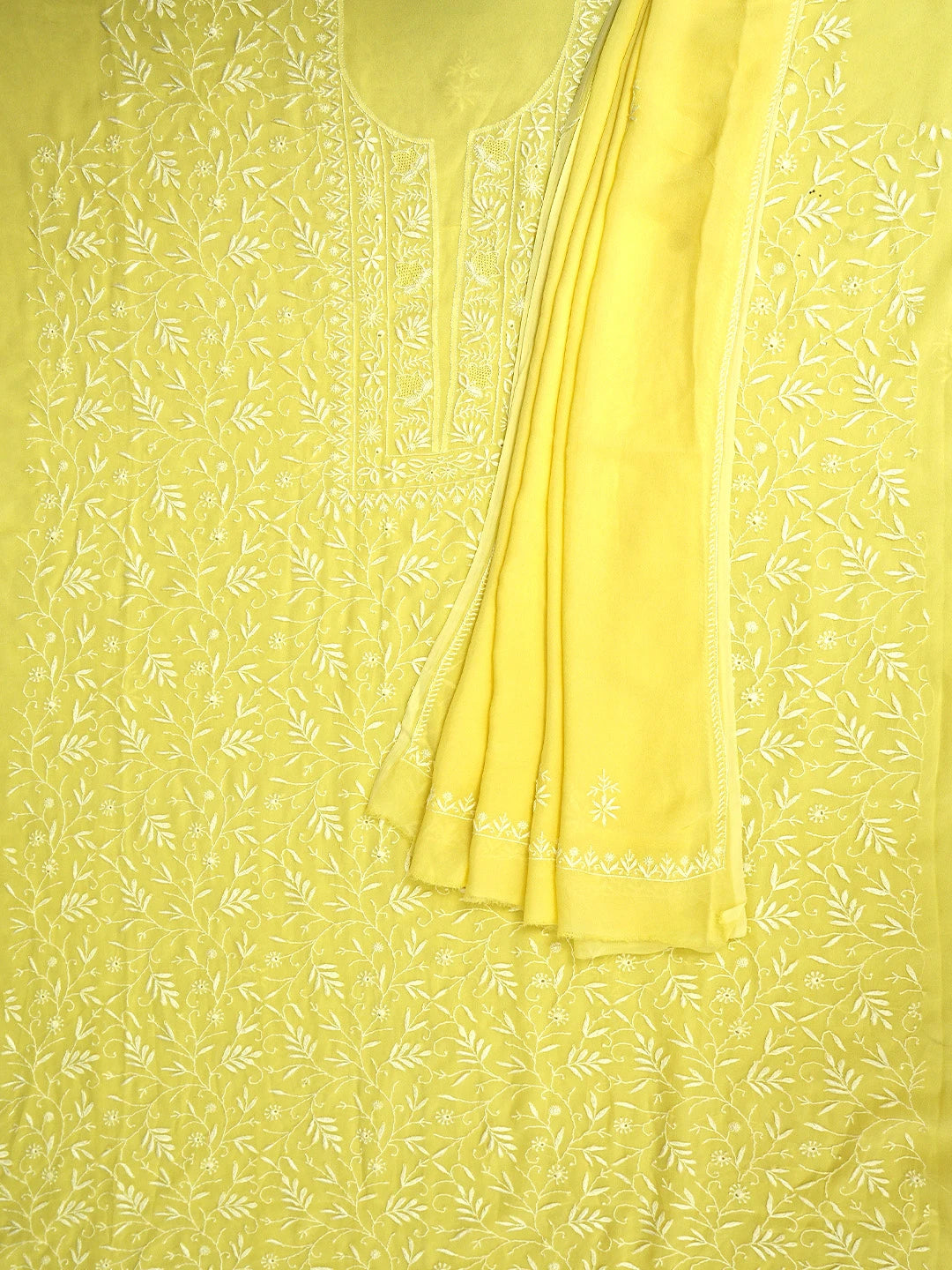 Ada Hand Embroidered Lemon Viscose Georgette Lucknowi Chikankari Unstitched Kurta Dupatta Set 01A887976