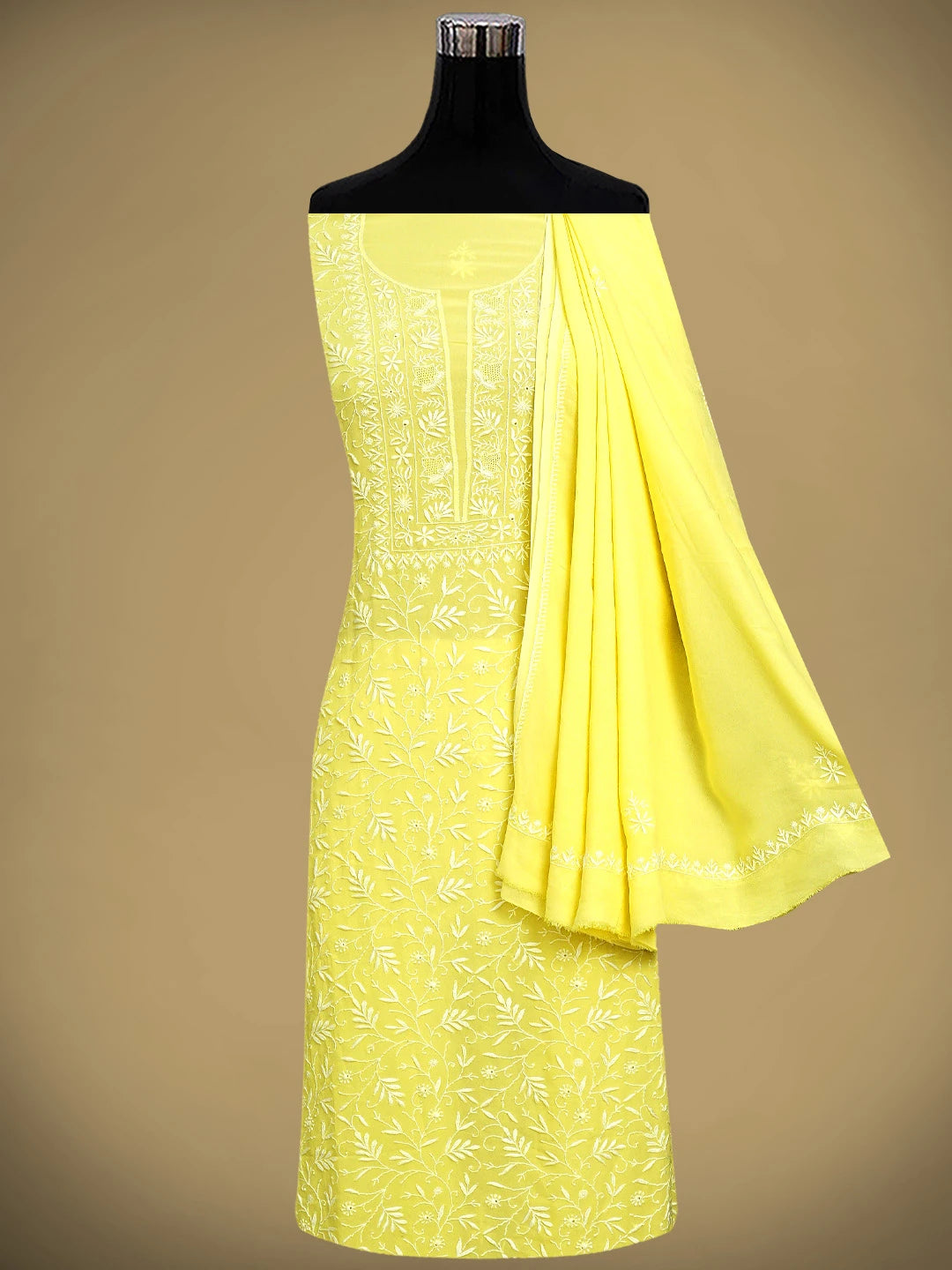 Ada Hand Embroidered Lemon Viscose Georgette Lucknowi Chikankari Unstitched Kurta Dupatta Set 01A887976