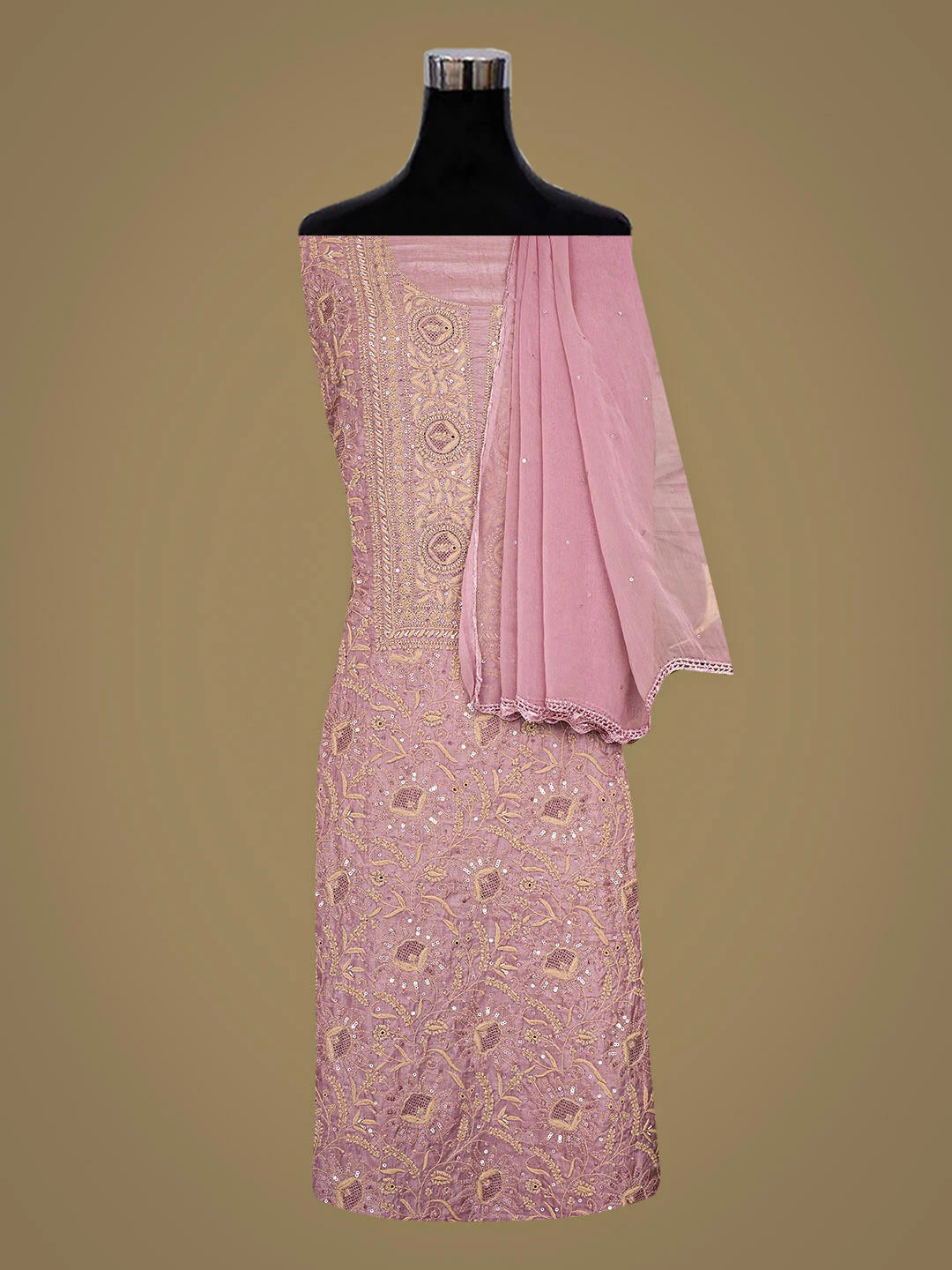 Ada Hand Embroidered Dusty Pink Silk Lucknowi Chikankari Unstitched Suit Piece With Sequinned Work 01A907225