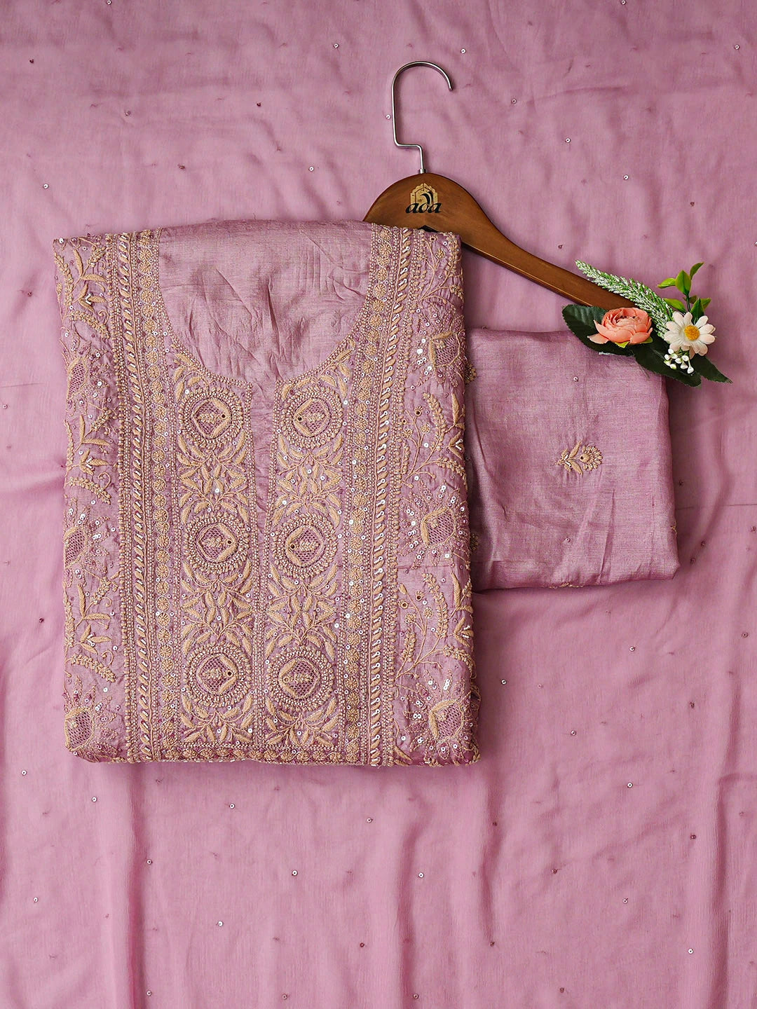 Ada Hand Embroidered Dusty Pink Silk Lucknowi Chikankari Unstitched Suit Piece With Sequinned Work 01A907225