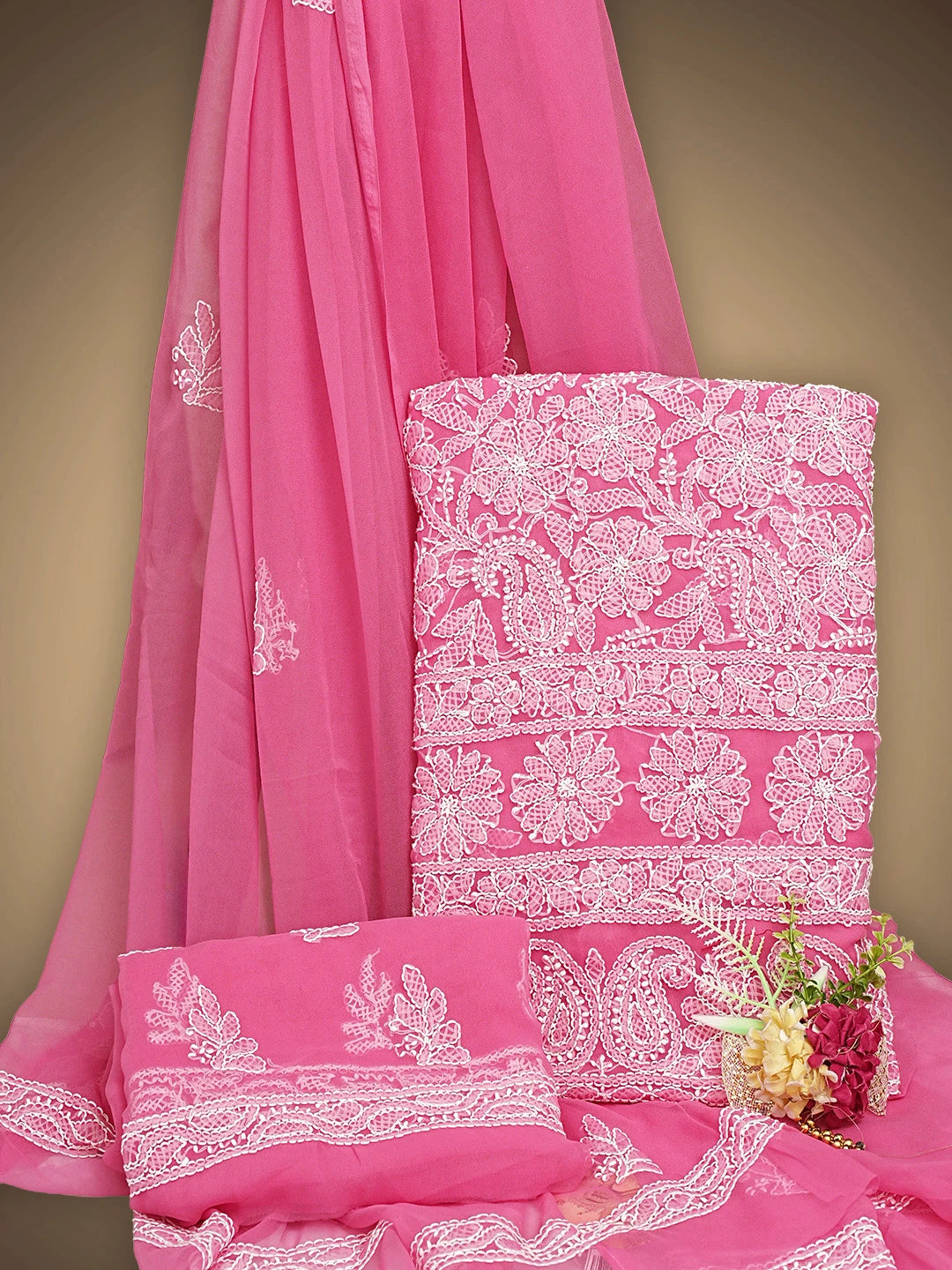 Ada Hand Embroidered Magenta Georgette Lucknowi Chikankari Unstitched Suit Piece 01A905884