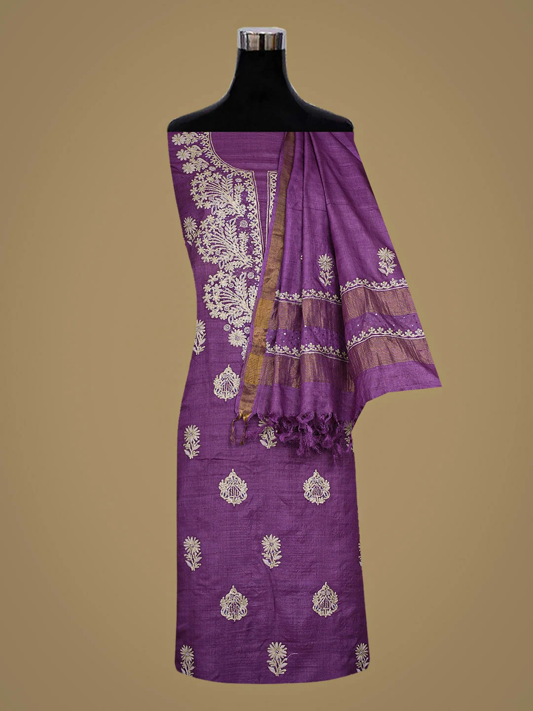 Ada Hand Embroidered Purple Silk Lucknowi Chikankari Unstitched Suit Piece With Zari Taar Work 01A836842