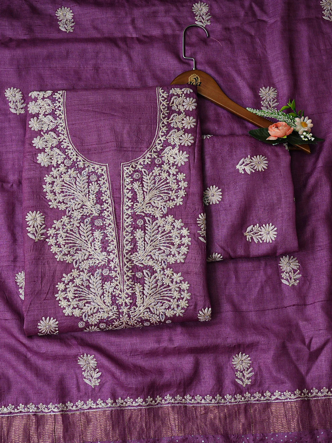 Ada Hand Embroidered Purple Silk Lucknowi Chikankari Unstitched Suit Piece With Zari Taar Work 01A836842