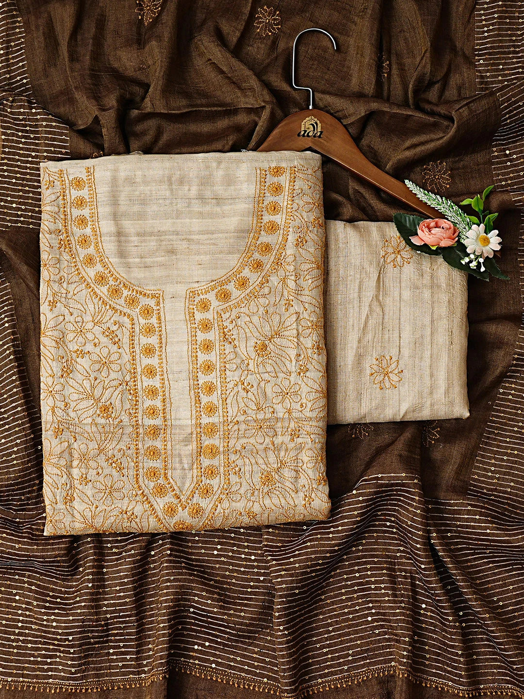 Ada Hand Embroidered Fawn Silk Lucknowi Chikankari Unstitched Suit Piece 01A918326
