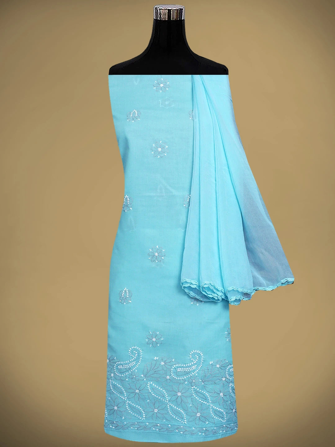 Ada Hand Embroidered Sky Blue Cotton Lucknowi Chikankari Unstitched Suit Piece 01A879291