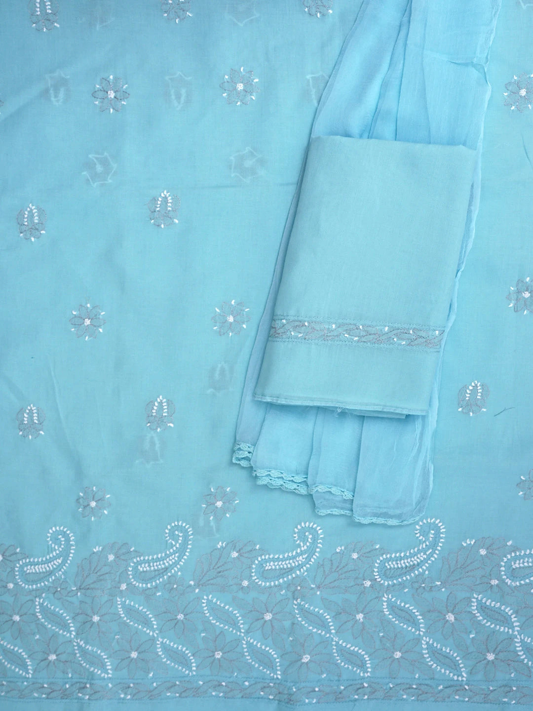 Ada Hand Embroidered Sky Blue Cotton Lucknowi Chikankari Unstitched Suit Piece 01A879291