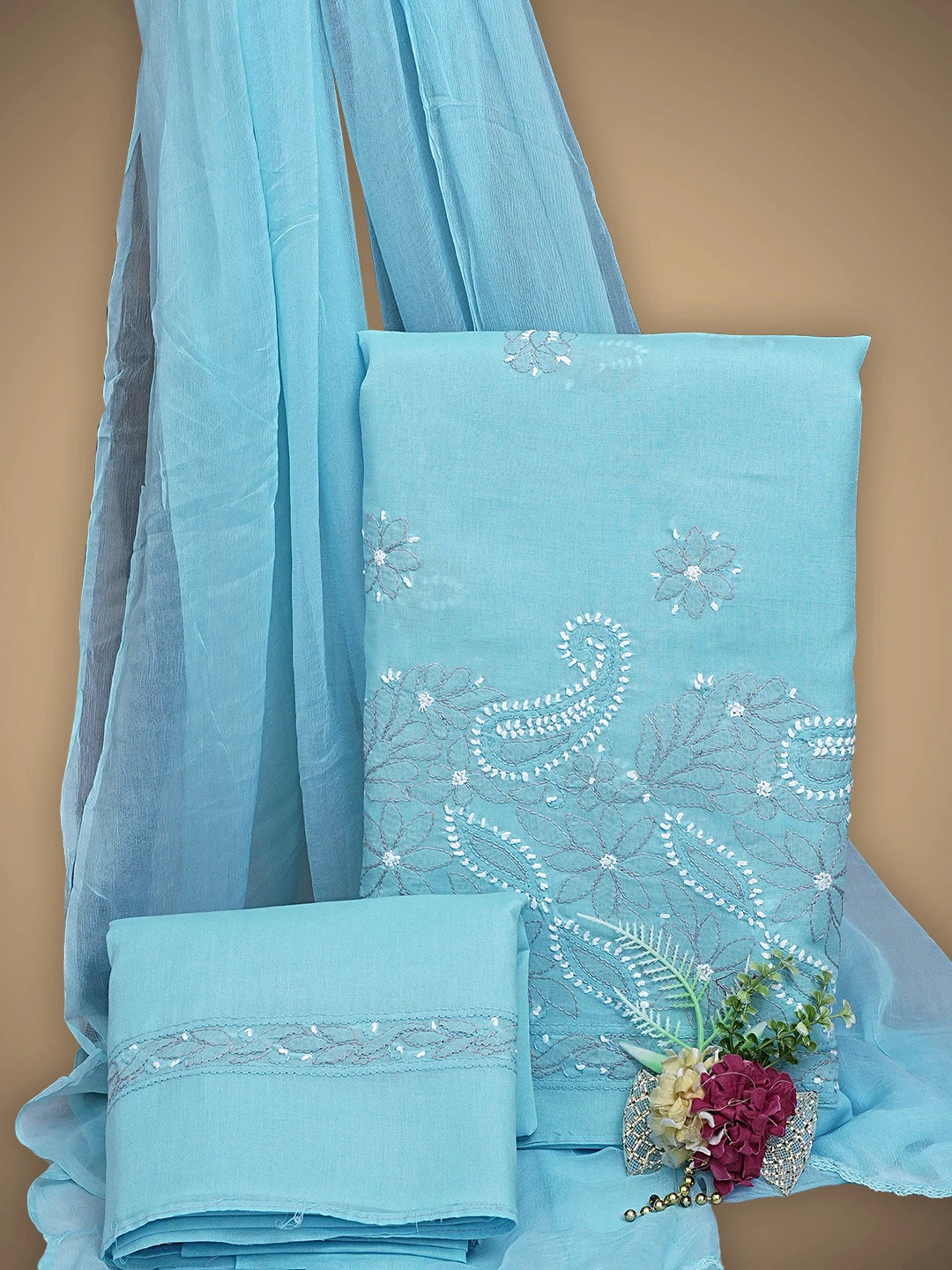 Ada Hand Embroidered Sky Blue Cotton Lucknowi Chikankari Unstitched Suit Piece 01A879291