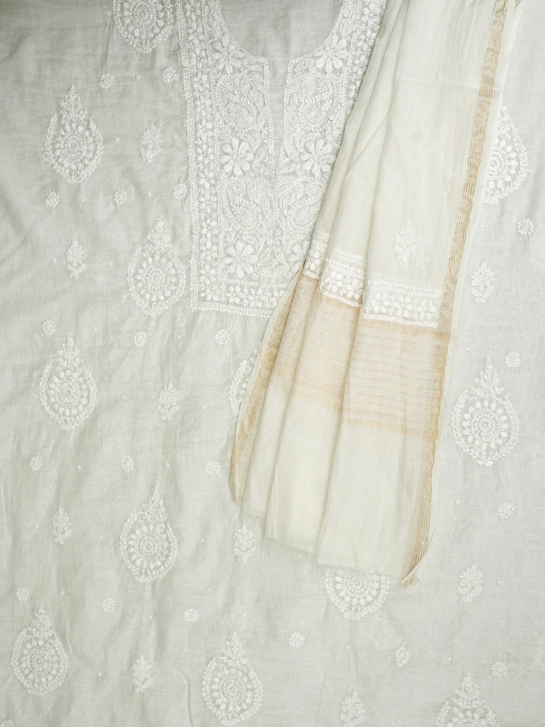 Ada Hand Embroidered White Chanderi Lucknowi Chikankari Unstitched Kurta Dupatta Set with Pearl Work 01A939766
