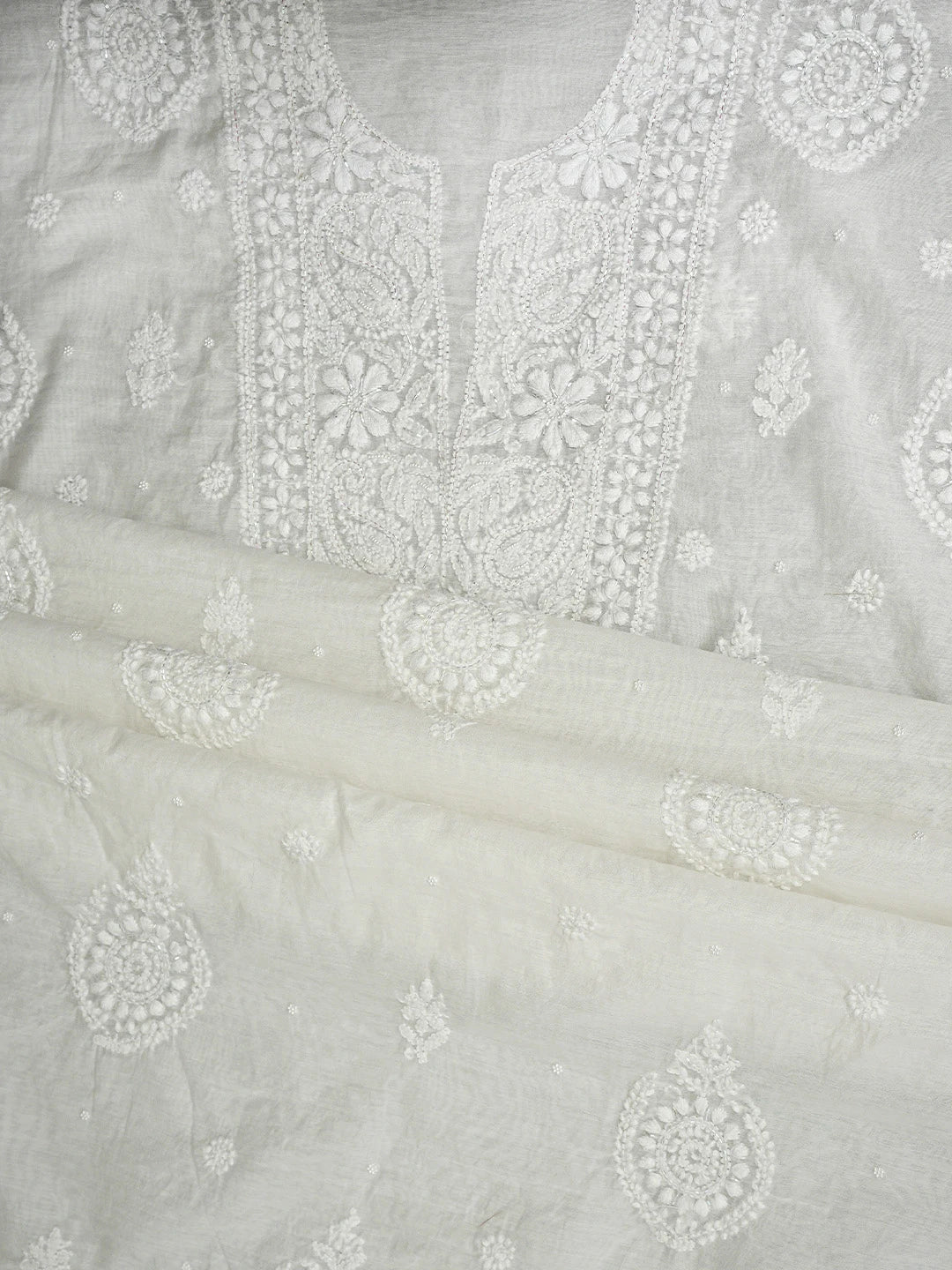 Ada Hand Embroidered White Chanderi Lucknowi Chikankari Unstitched Kurta Dupatta Set with Pearl Work 01A939766