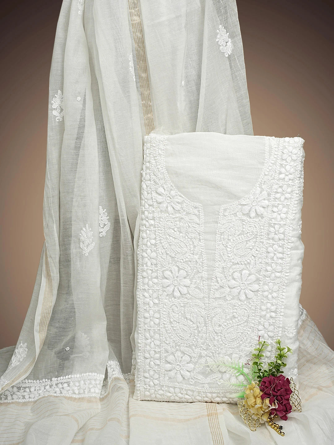 Ada Hand Embroidered White Chanderi Lucknowi Chikankari Unstitched Kurta Dupatta Set with Pearl Work 01A939766