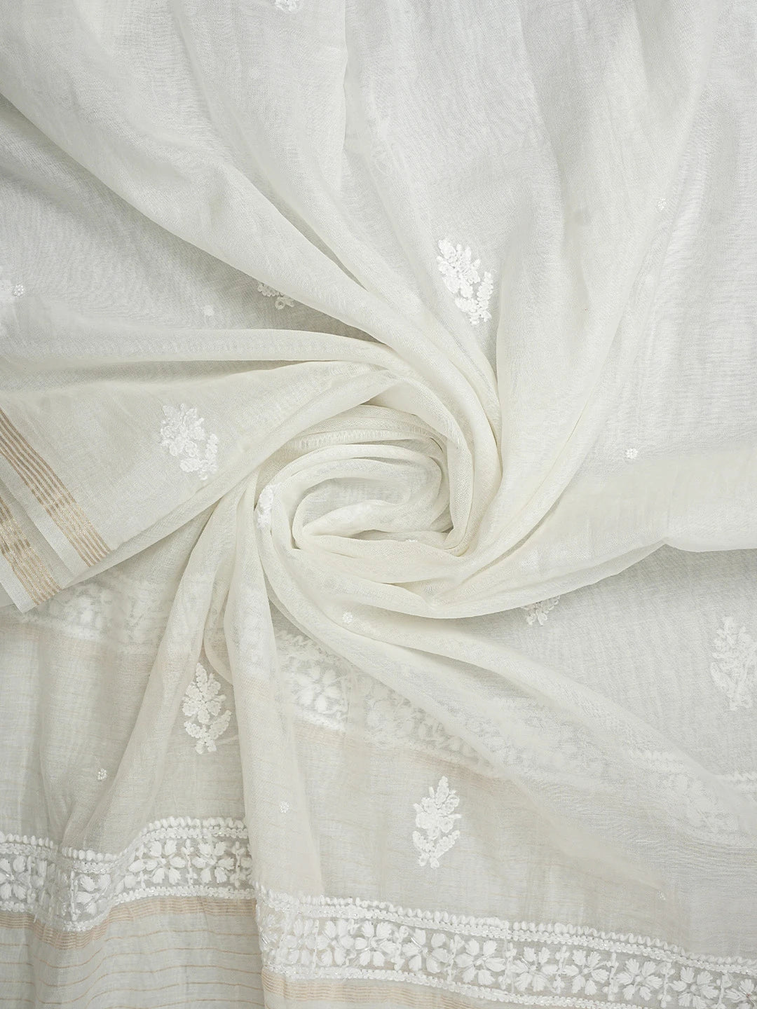 Ada Hand Embroidered White Chanderi Lucknowi Chikankari Unstitched Kurta Dupatta Set with Pearl Work 01A939766