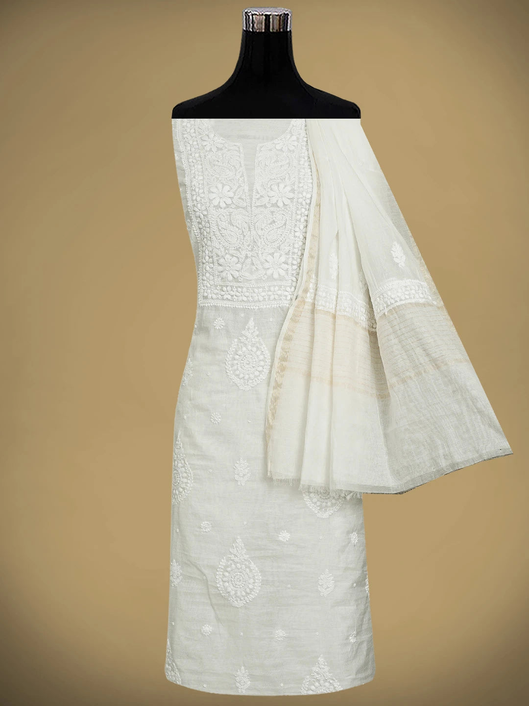 Ada Hand Embroidered White Chanderi Lucknowi Chikankari Unstitched Kurta Dupatta Set with Pearl Work 01A939766