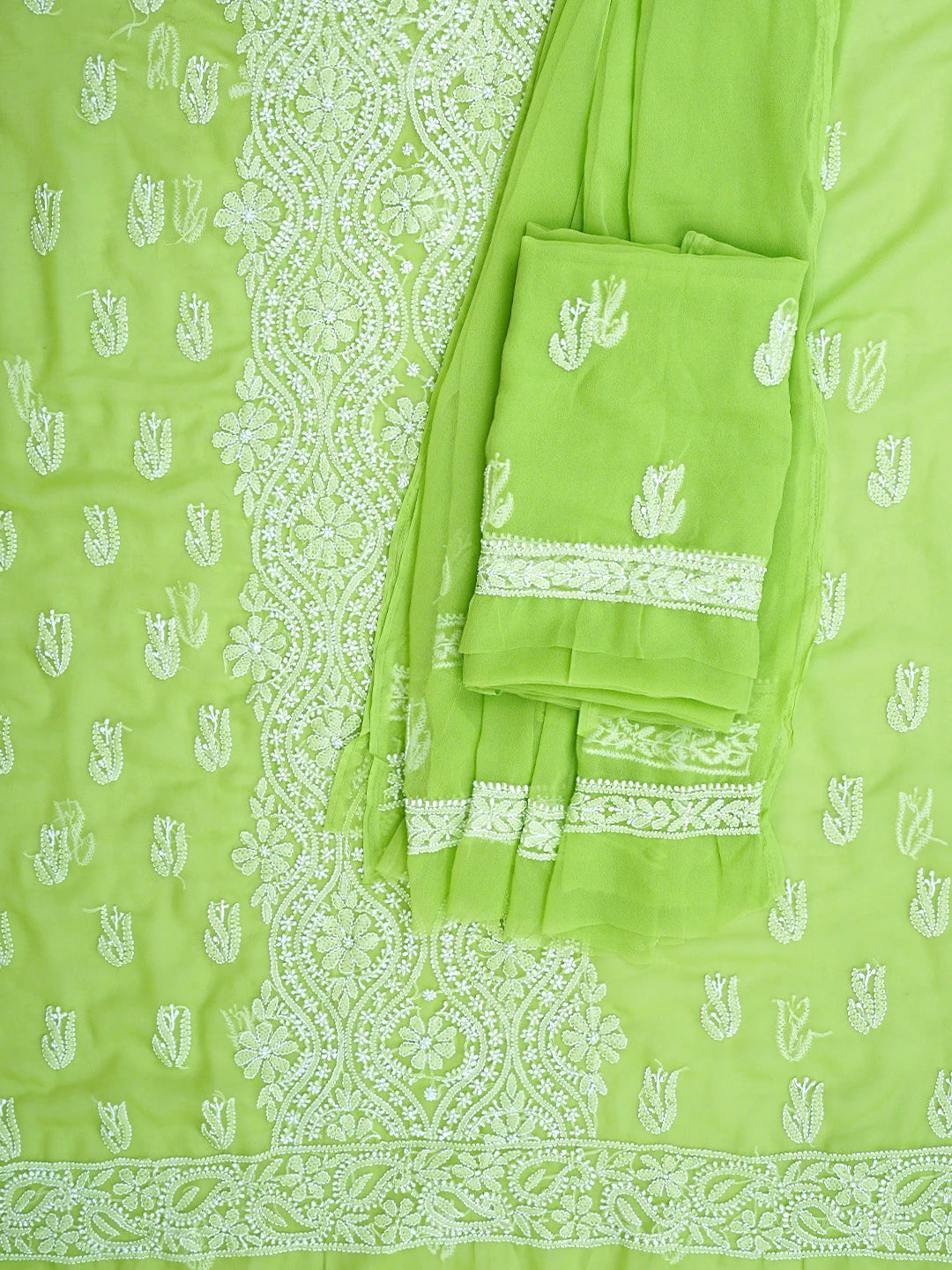 Ada Hand Embroidered Lime Green Georgette Lucknowi Chikankari Unstitched Suit Piece 01A793439