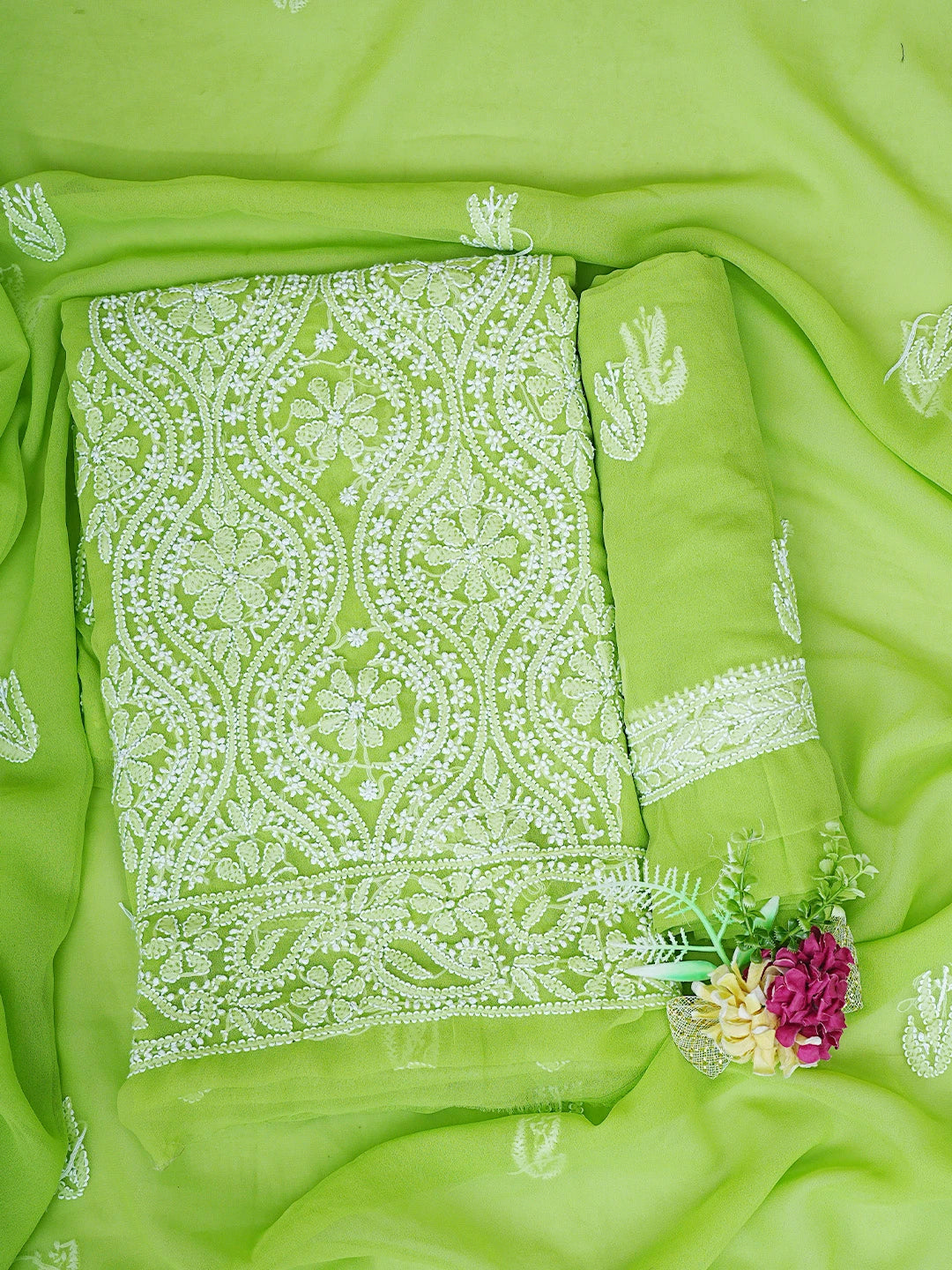 Ada Hand Embroidered Lime Green Georgette Lucknowi Chikankari Unstitched Suit Piece 01A793439