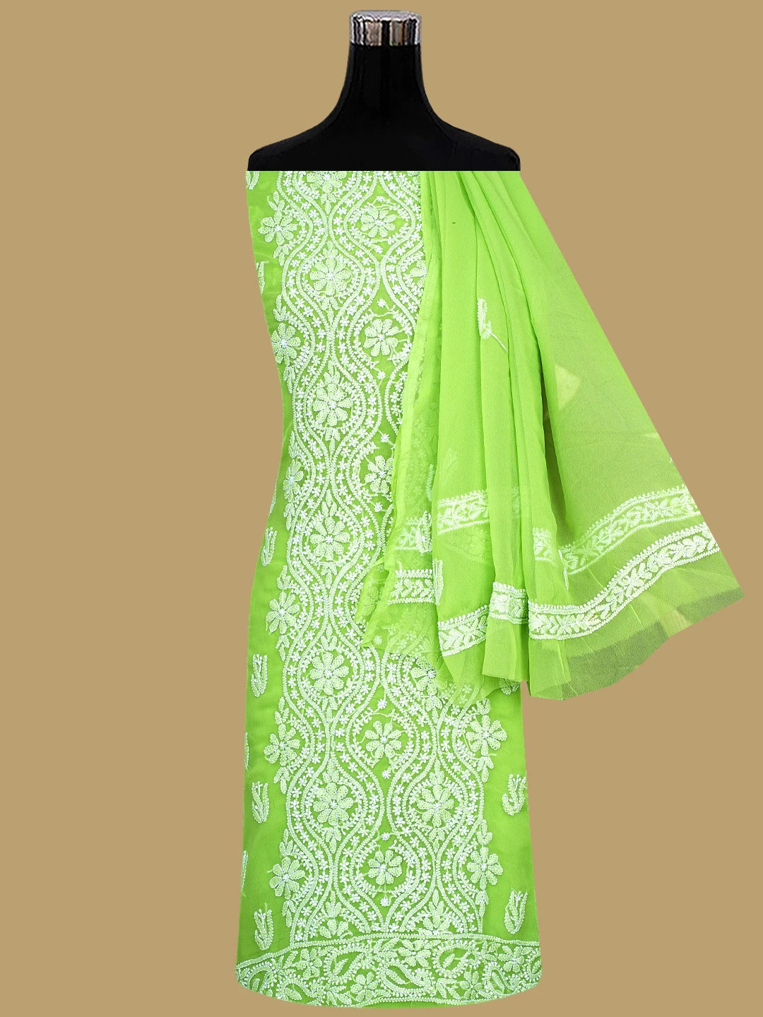 Ada Hand Embroidered Lime Green Georgette Lucknowi Chikankari Unstitched Suit Piece 01A793439
