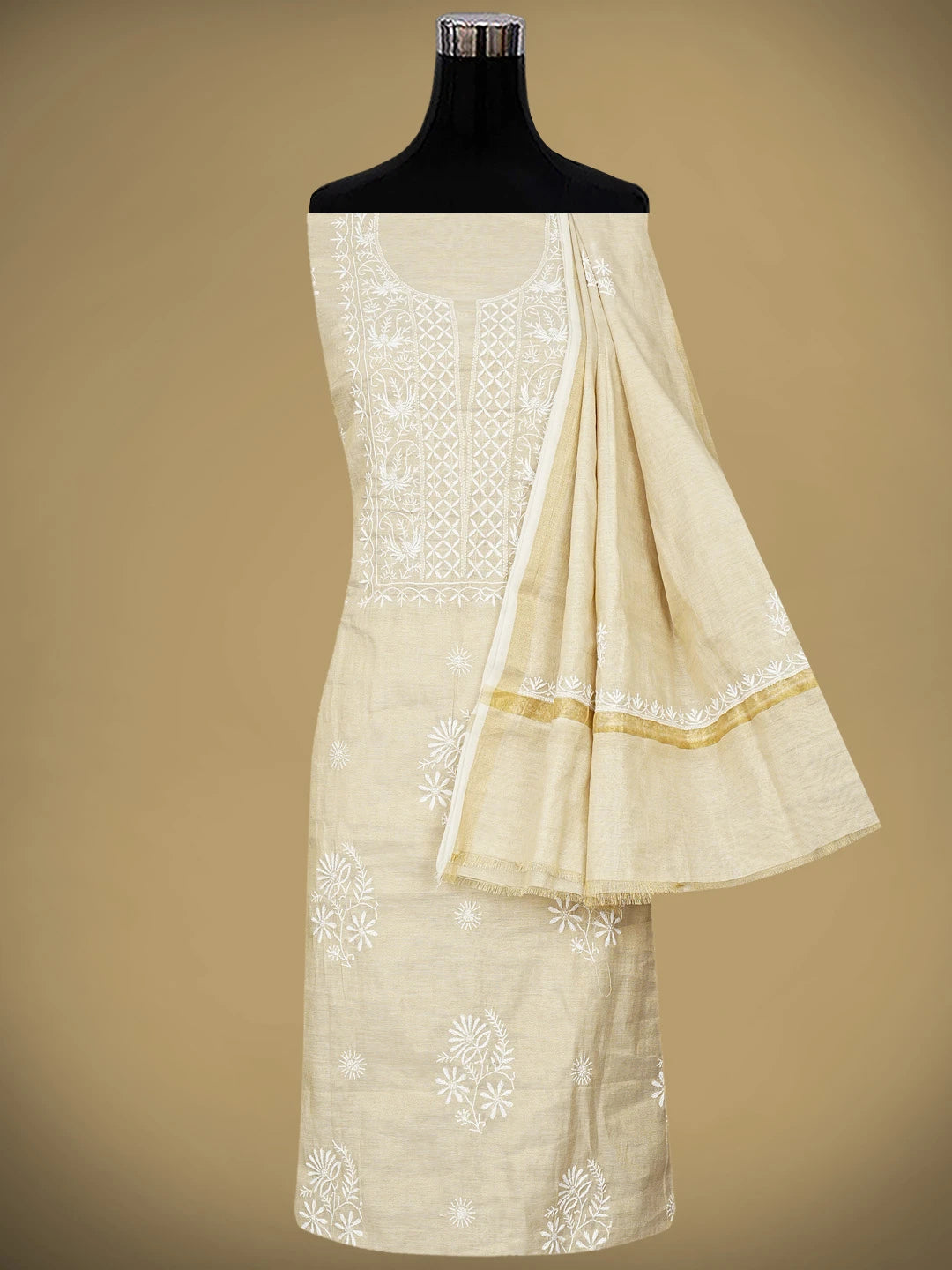 Ada Hand Embroidered Fawn Tissue Lucknowi Chikankari Unstitched Kurta Dupatta Set 01A912328