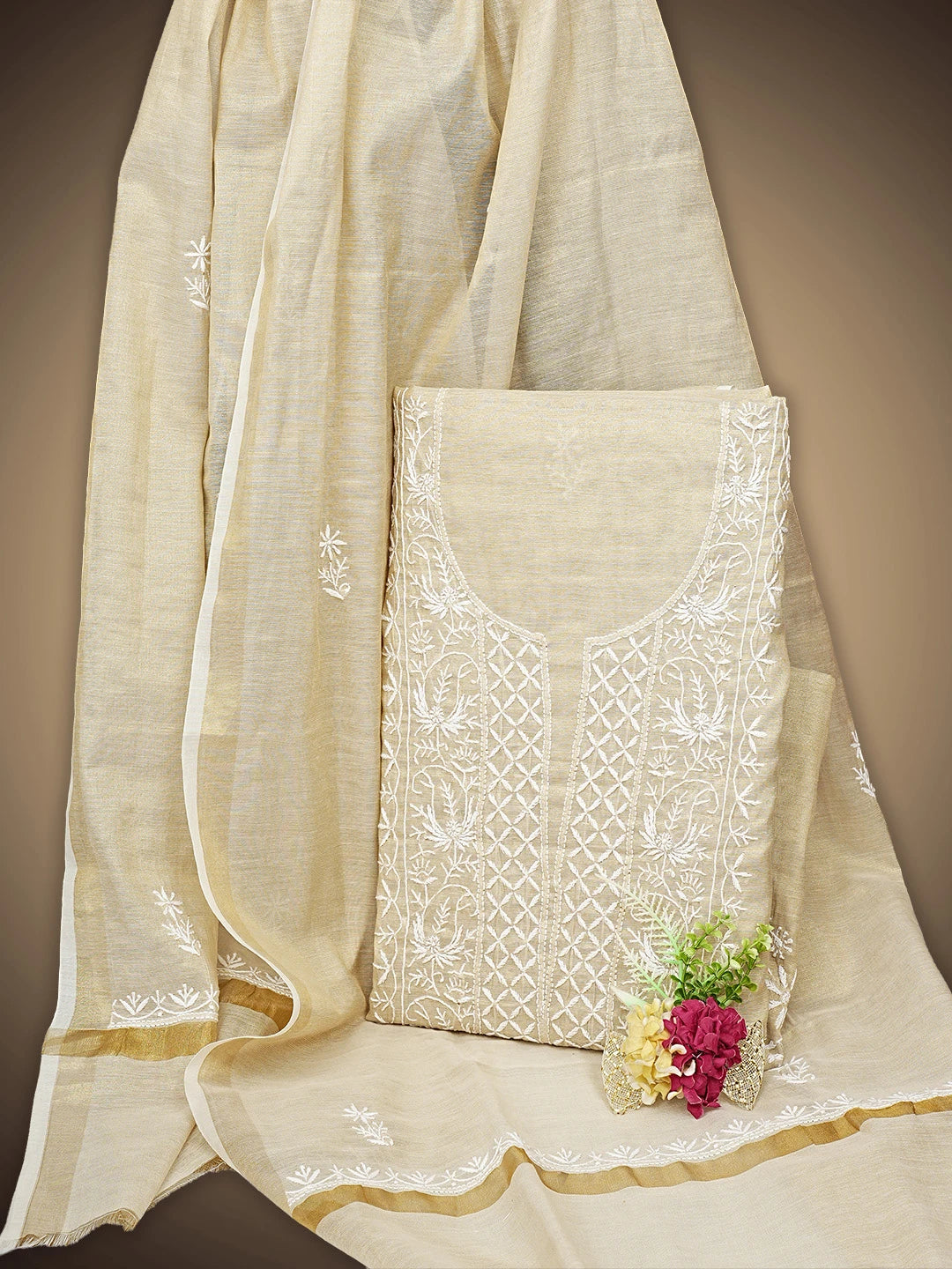 Ada Hand Embroidered Fawn Tissue Lucknowi Chikankari Unstitched Kurta Dupatta Set 01A912328