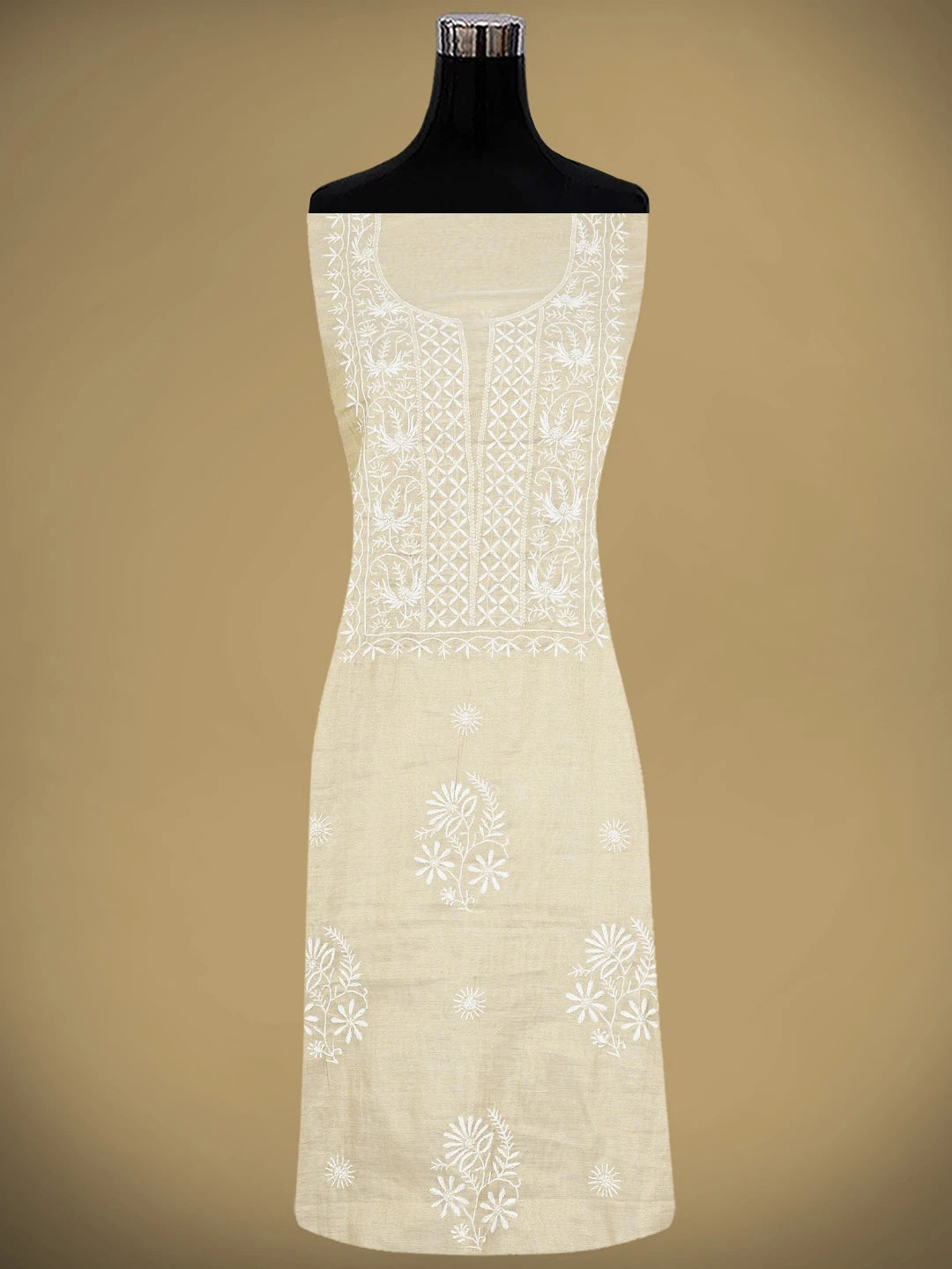 Ada Hand Embroidered Fawn Tissue Lucknowi Chikankari Unstitched Kurta Dupatta Set 01A912328